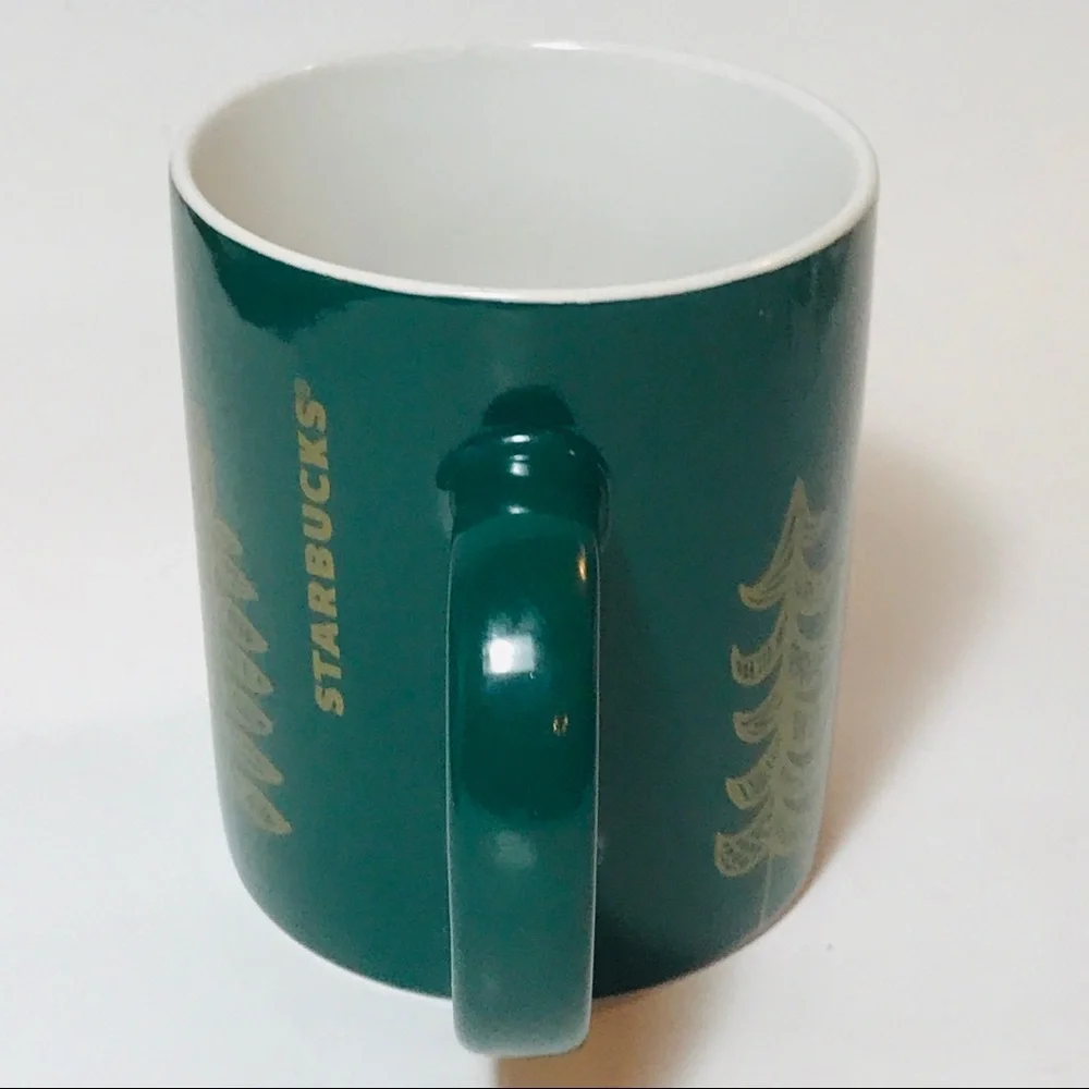 Set of Two Starbucks Christmas Mugs Green with Gold Trees White with Green Trees